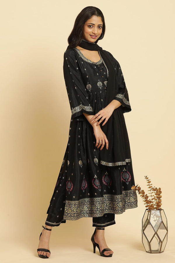 Black Gathered Kurta, Pants And Dupatta Festive Set