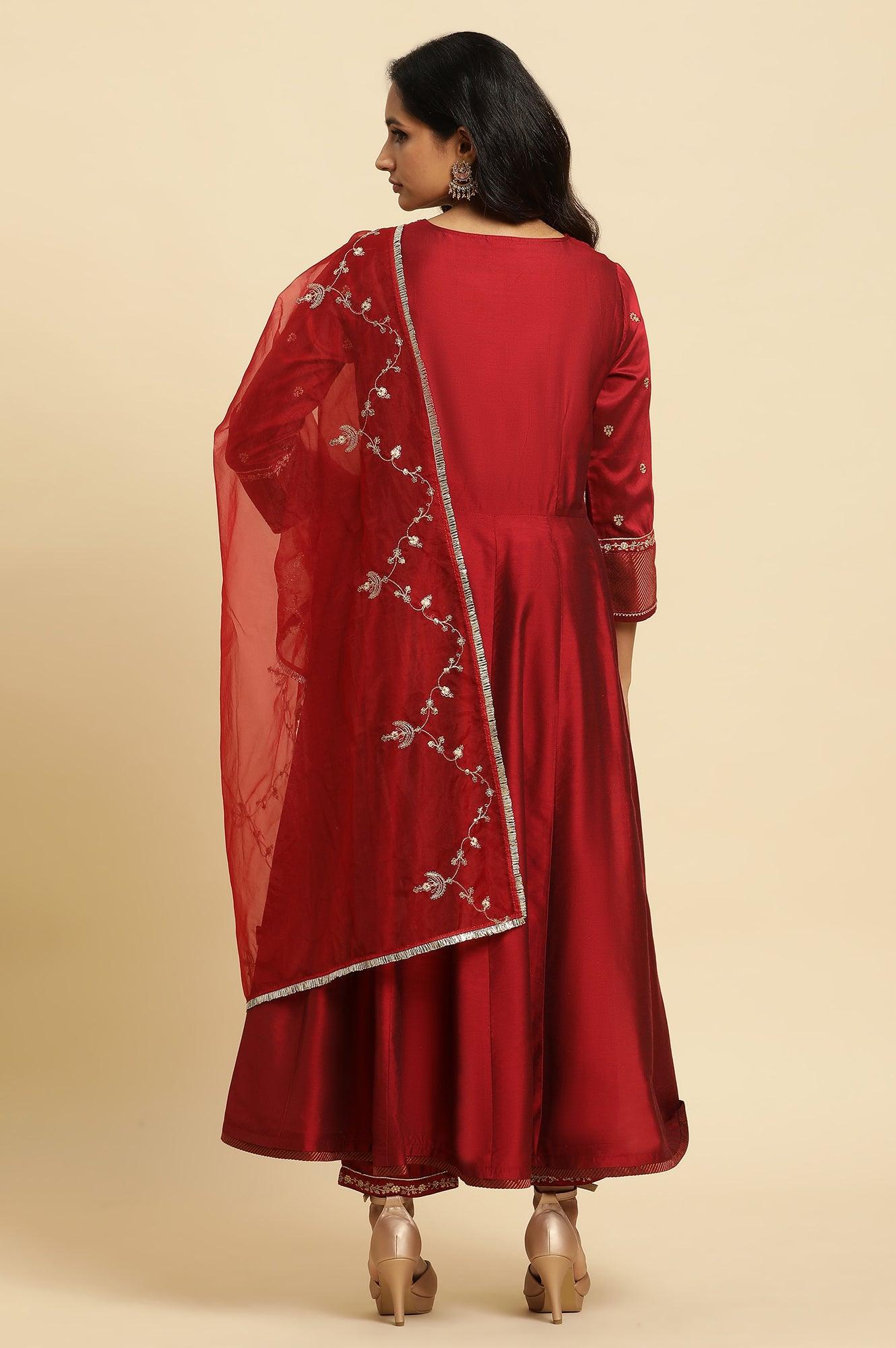 Dark Red Zari Embroidered Festive Kurta, Pant And Dupatta Set - wforwoman