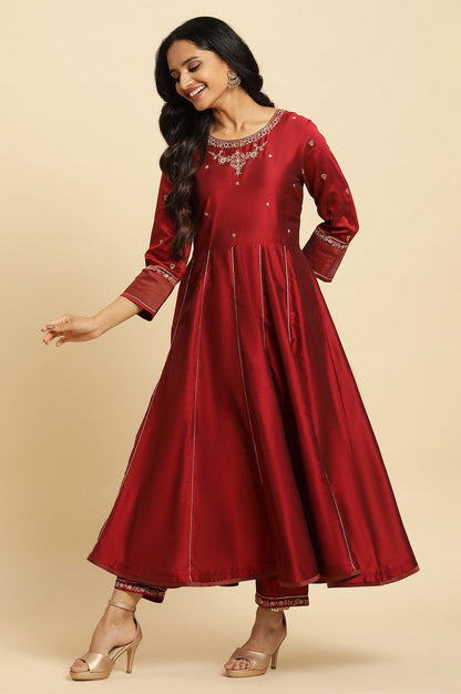 Dark Red Zari Embroidered Festive Kurta, Pant And Dupatta Set - wforwoman