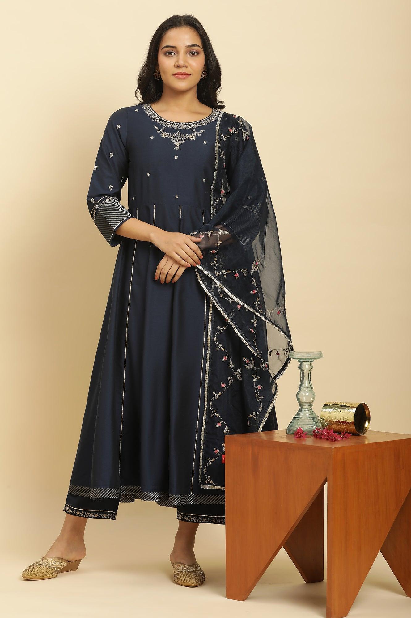 Dark Blue Zari Embroidered Festive Kurta, Pants And Dupatta Set - wforwoman