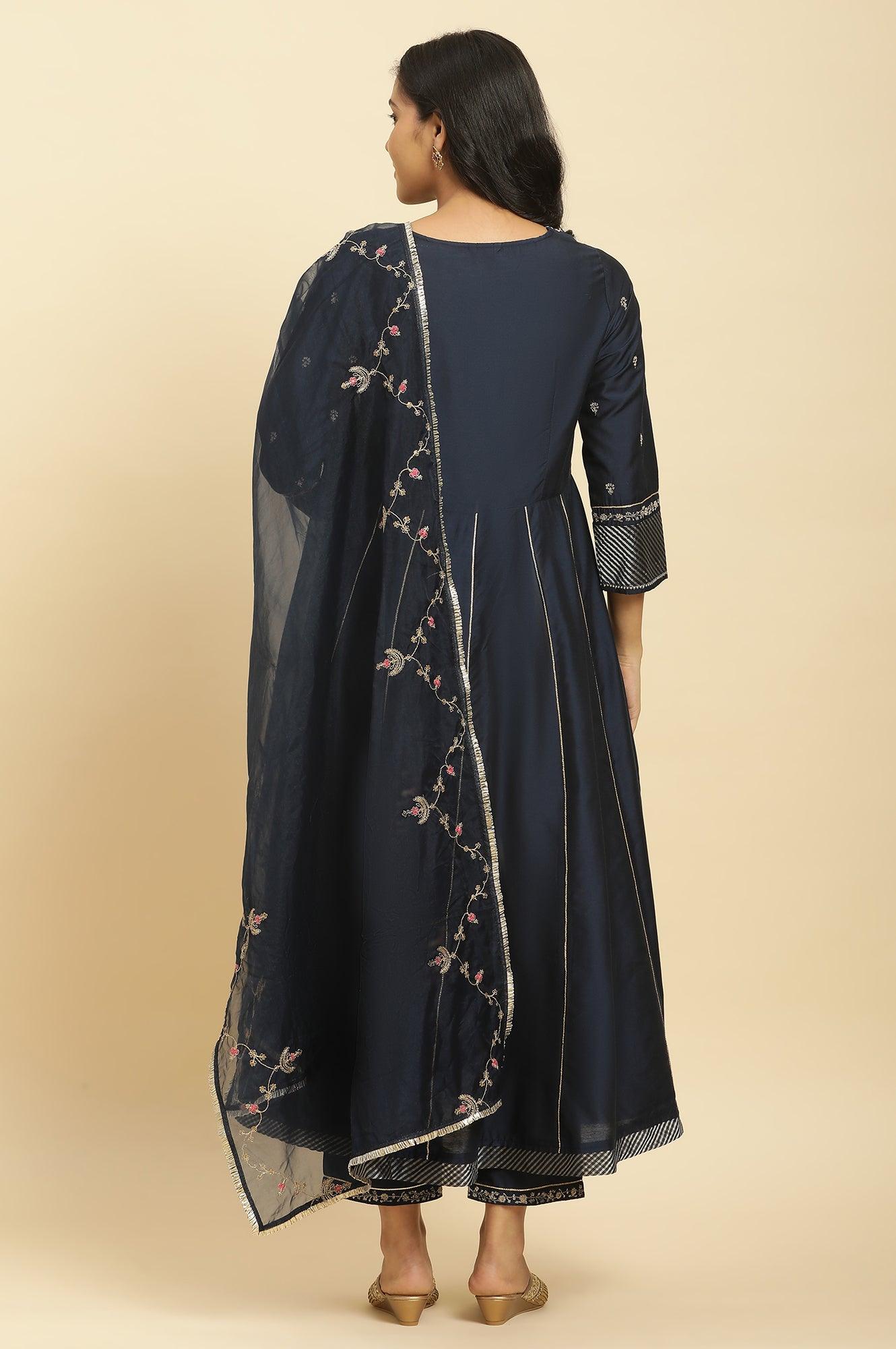 Dark Blue Zari Embroidered Festive Kurta, Pants And Dupatta Set - wforwoman