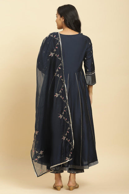 Dark Blue Zari Embroidered Festive Kurta, Pants And Dupatta Set - wforwoman