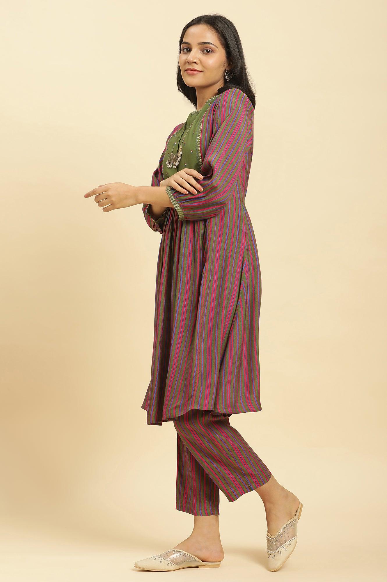 Multicoloured Stripe Printed And Green Embellished Yoke Kurta And Pants Set - wforwoman