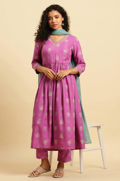 Purple Paisley Printed Gathered Kurta, Pants And Dupatta Set - wforwoman