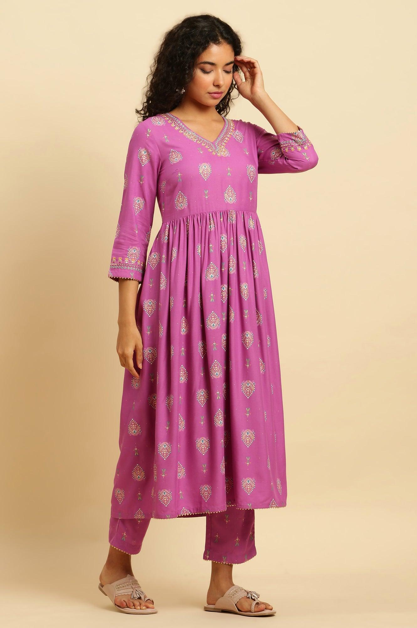 Purple Paisley Printed Gathered Kurta, Pants And Dupatta Set - wforwoman