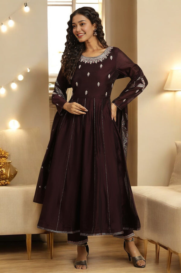 Purple Flared Embroidered Kurta, Pants And Dupatta Set