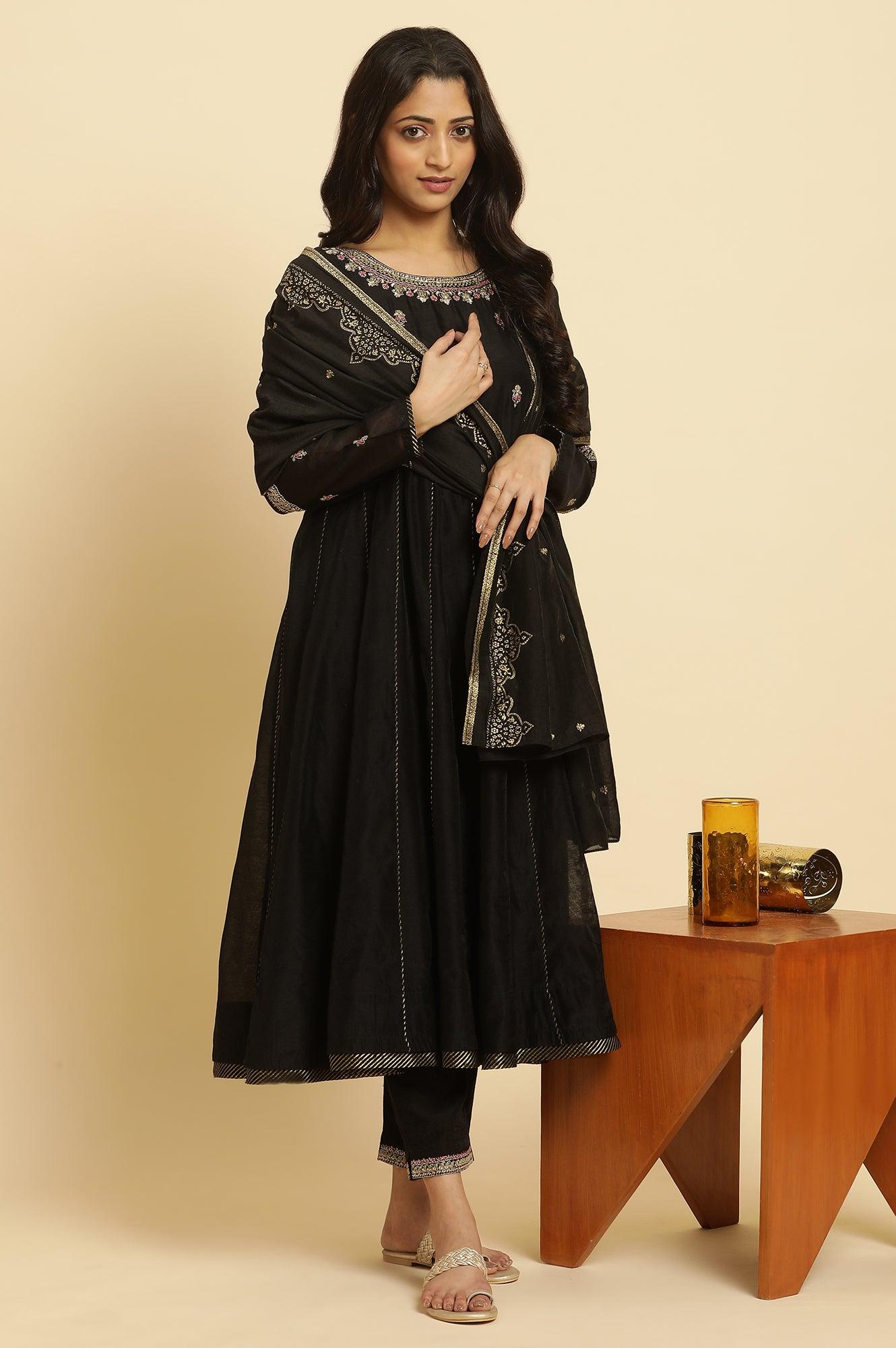 Black Flared Metallic Embroidered Kurta, Pants And Dupatta Set - wforwoman