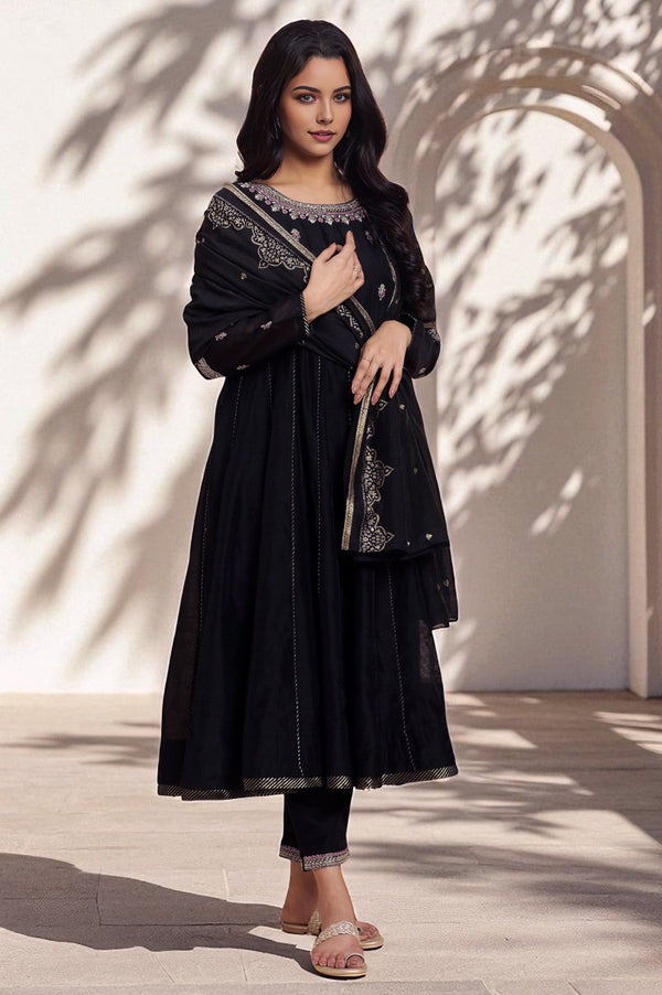 Black Flared Metallic Embroidered Kurta, Pants And Dupatta Set