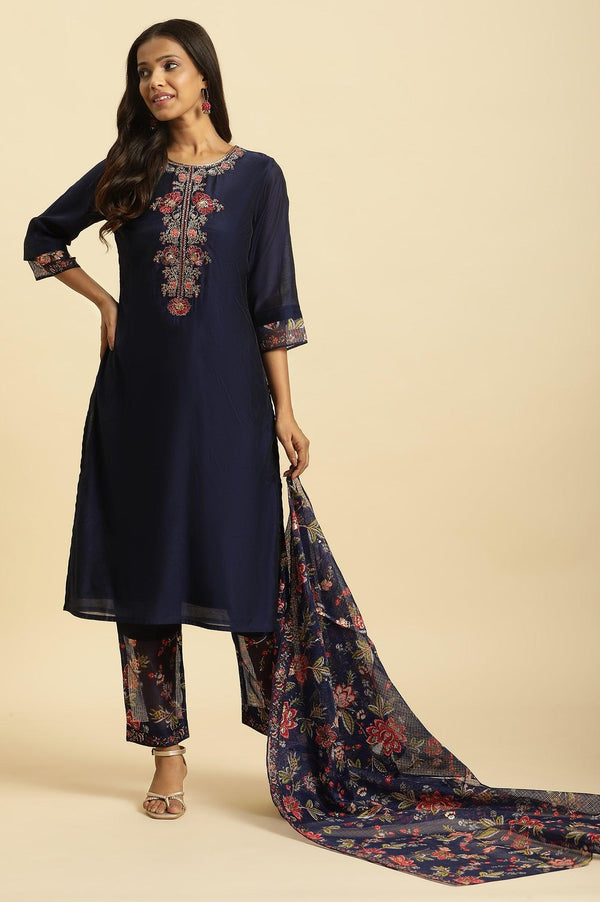 Royal Blue Embroidered Kurta, Pants And Dupatta Set
