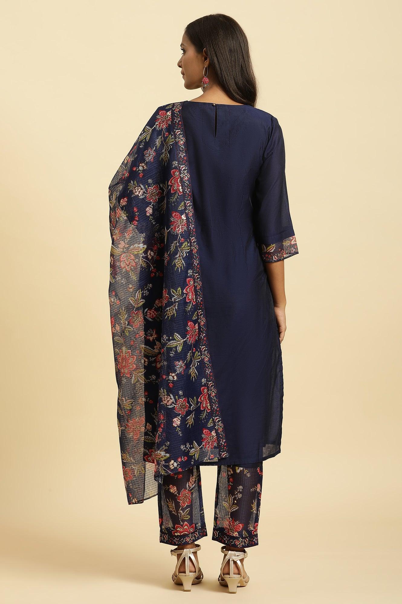 Royal Blue Embroidered Kurta, Pants And Dupatta Set - wforwoman