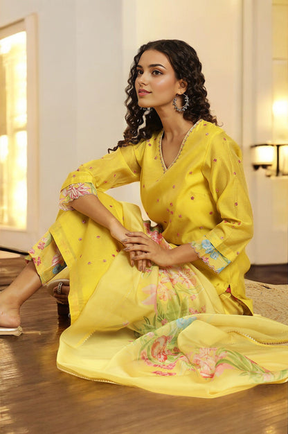 Yellow Metallic Embroidered Kurta, Pants And Organza Dupatta
