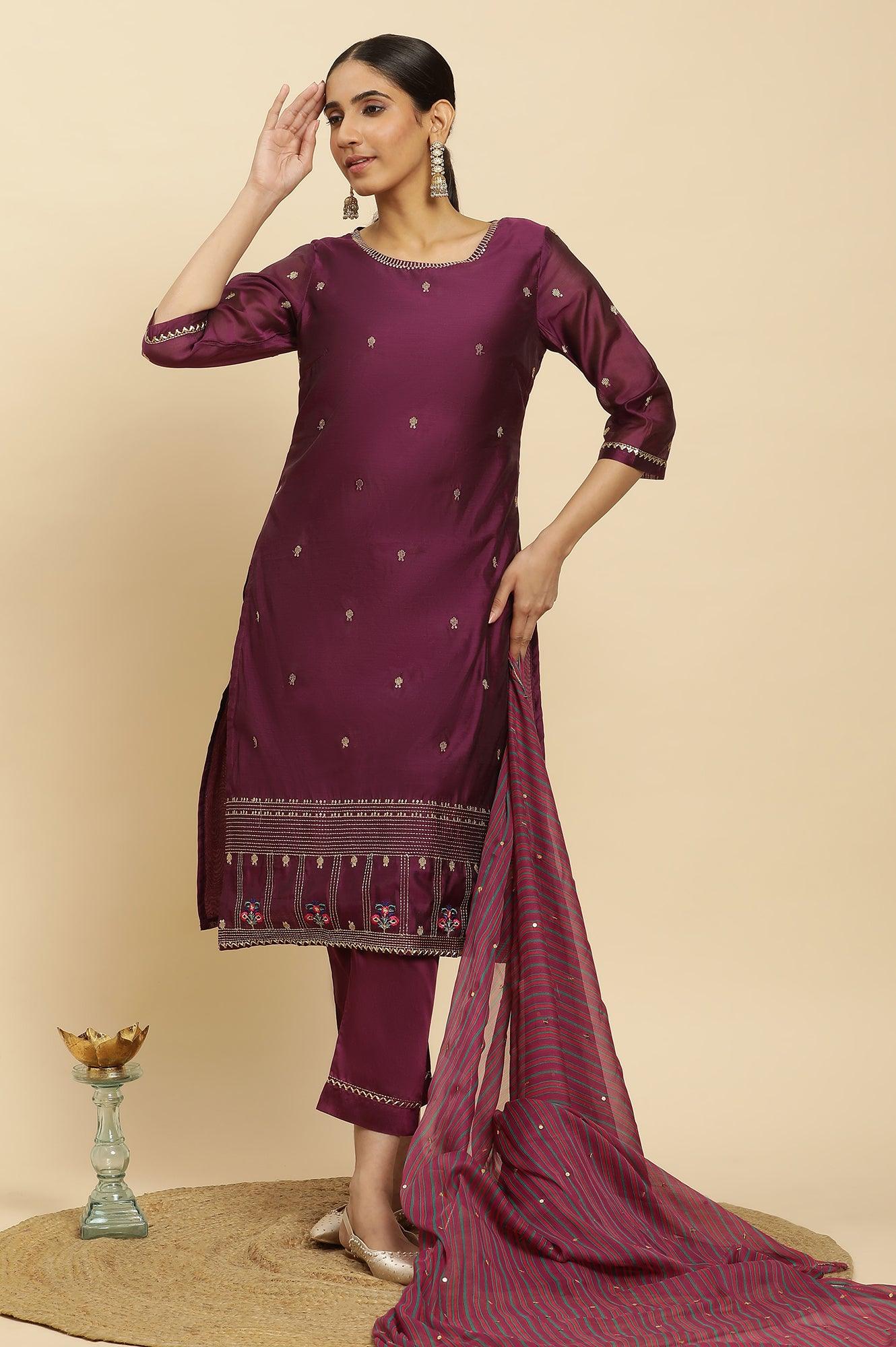 Purple Metallic Embroidered Kurta, Pants And Dupatta Set - wforwoman