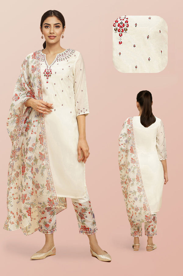 Ecru Chanderi Embroidered Kurta Set with Slim Pants and Dupatta