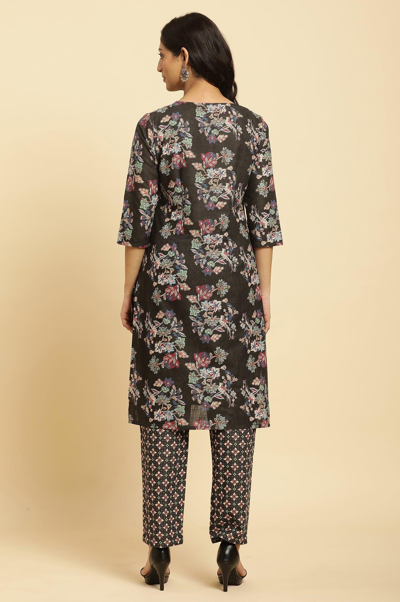Black Floral Printed Kurta And Pants Set - wforwoman