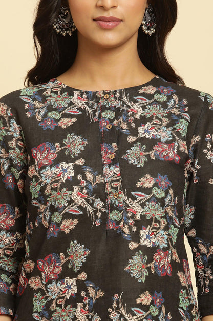 Black Floral Printed Kurta And Pants Set - wforwoman