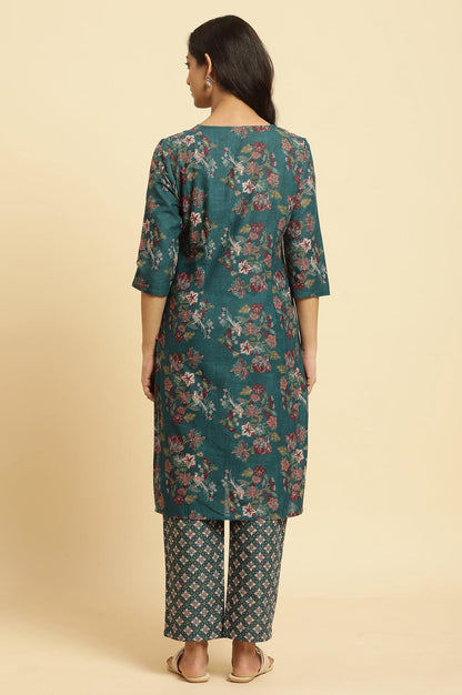 Teal Green Floral Printed Kurta And Pants Set - wforwoman