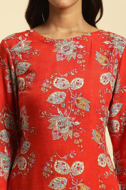 Red Floral Printed Straight Kurta And Straight Pants Co-Ord Set - wforwoman