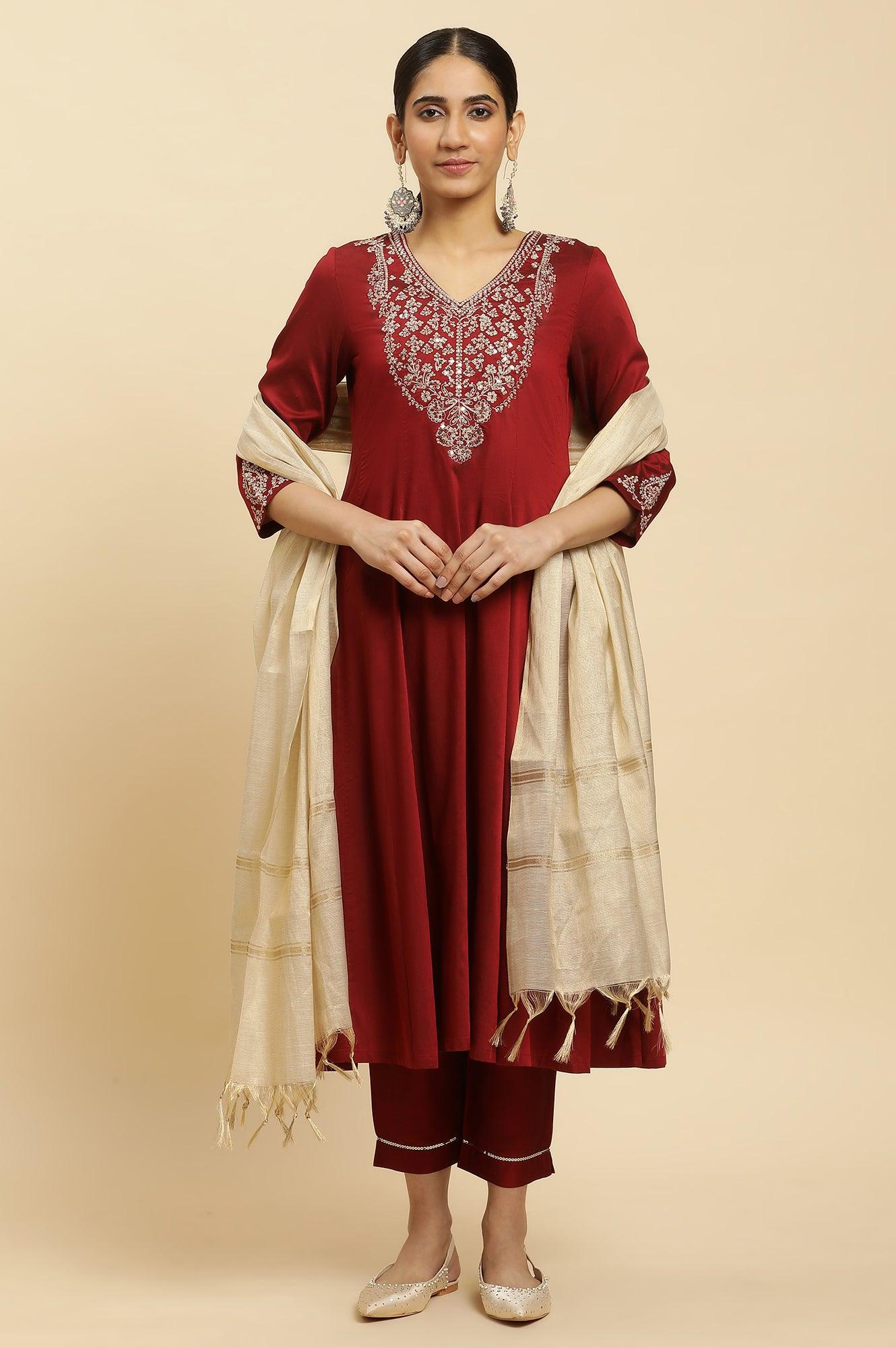 Red Panelled Embroidered Kurta, Slim Pants And Dupatta Set - wforwoman
