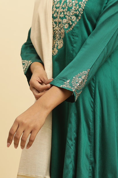 Green Panelled Embroidered Kurta, Slim Pants And Dupatta Set