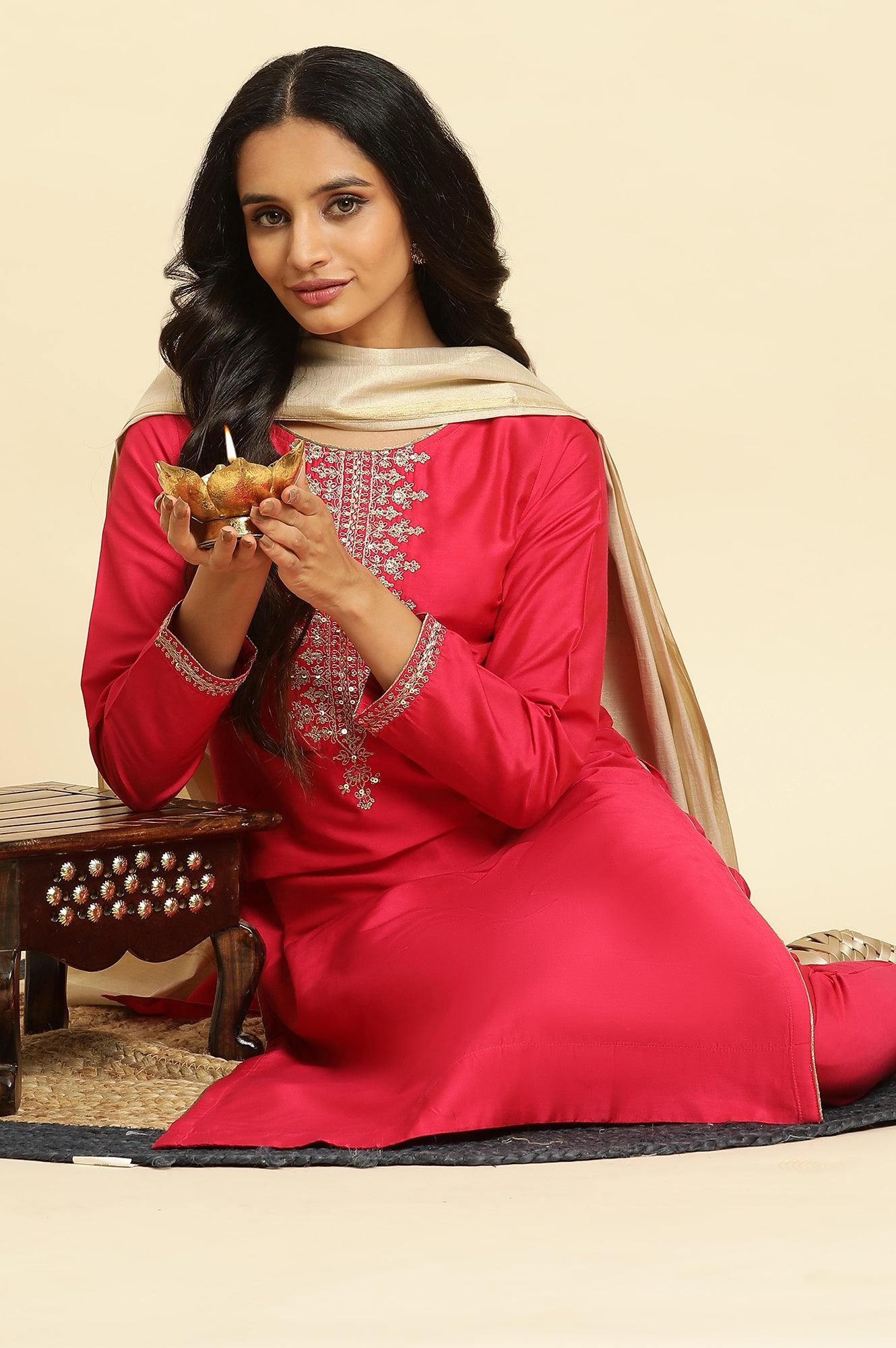 Pink Zari Embroidered Straight Kurta, Pant And Dupatta Set - wforwoman