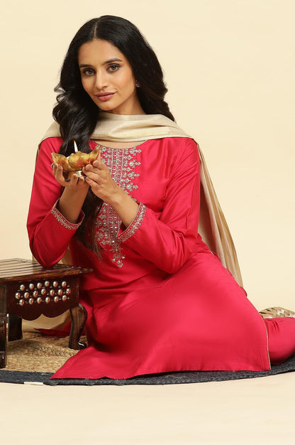 Pink Zari Embroidered Straight Kurta, Pant And Dupatta Set - wforwoman