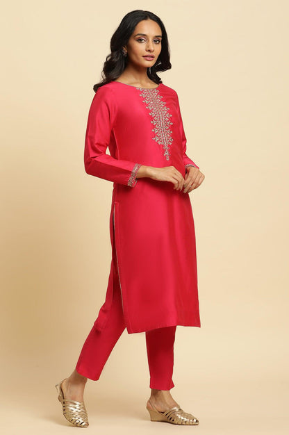Pink Zari Embroidered Straight Kurta, Pant And Dupatta Set - wforwoman
