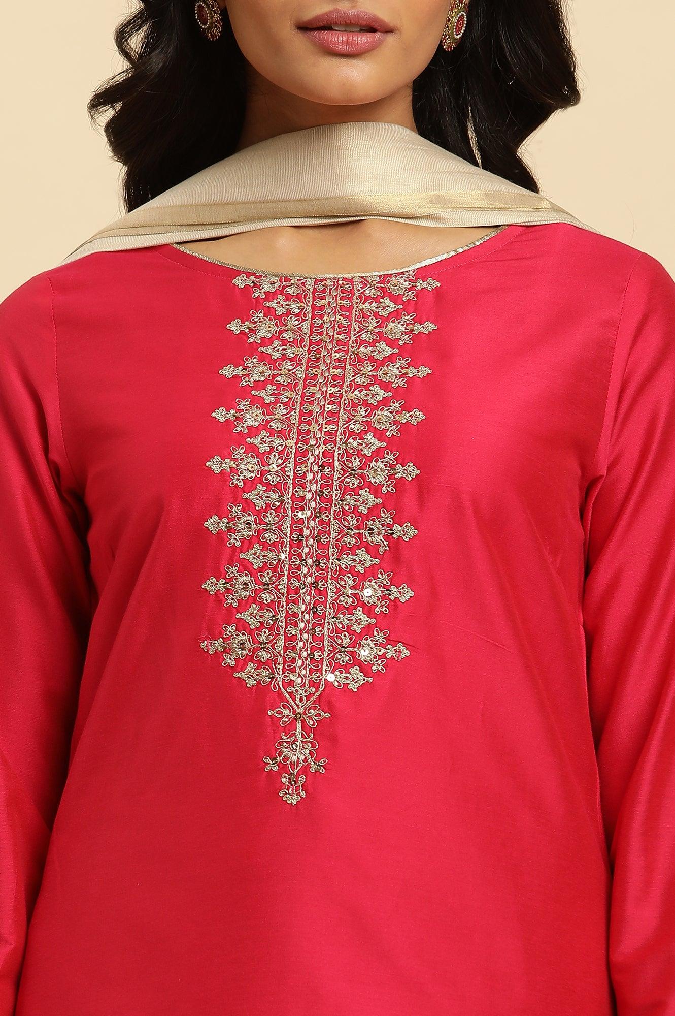 Pink Zari Embroidered Straight Kurta, Pant And Dupatta Set - wforwoman