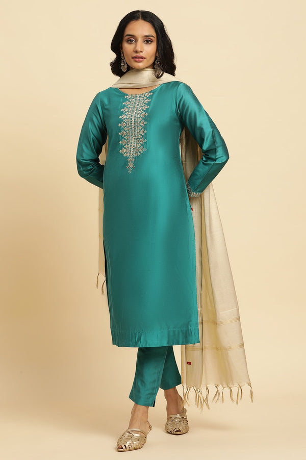Teal Blue Zari Embroidered Straight Kurta, Pant And Dupatta Set