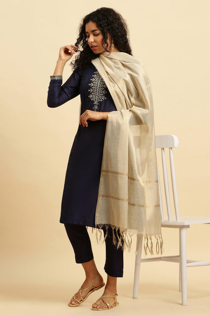 Blue Zari Embroidered Straight Kurta, Pants And Dupatta Set - wforwoman