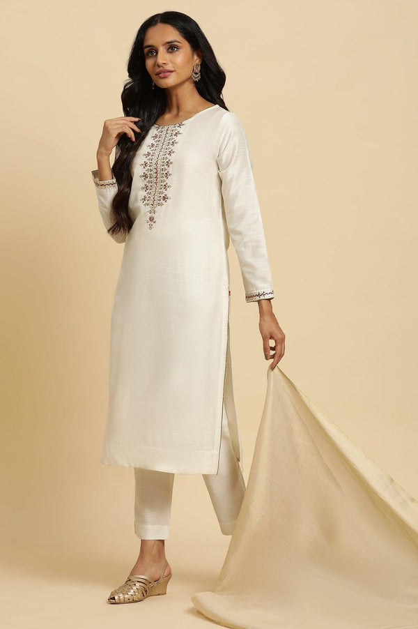 Ivory Zari Embroidered Straight Kurta, Pant And Dupatta Set