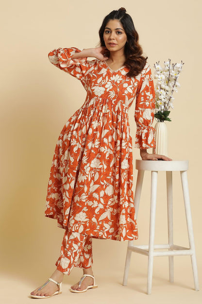 Dark Orange Floral Printed Kurta &amp; Pants Co-Ord Set - wforwoman