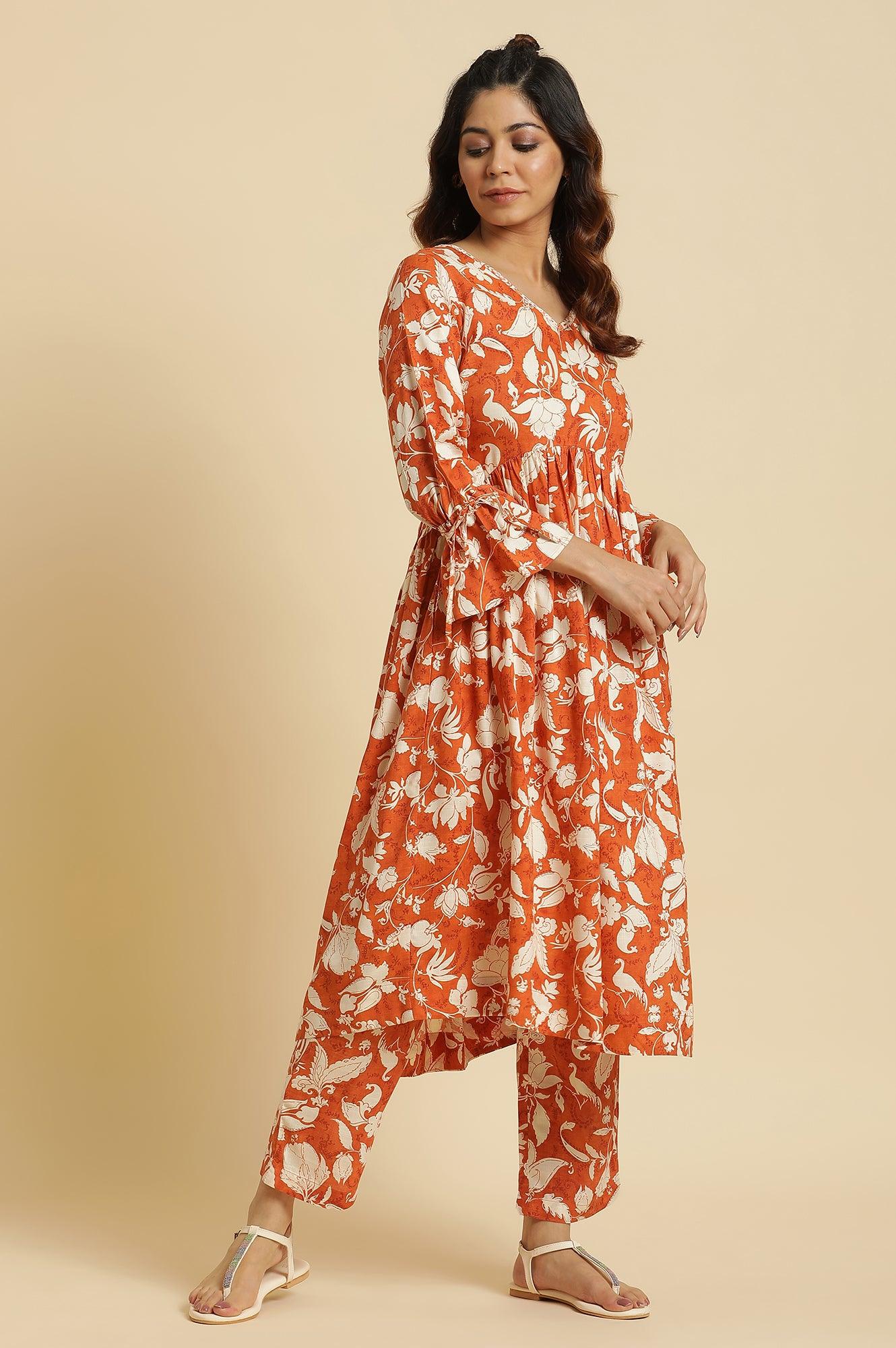 Dark Orange Floral Printed Kurta &amp; Pants Co-Ord Set - wforwoman