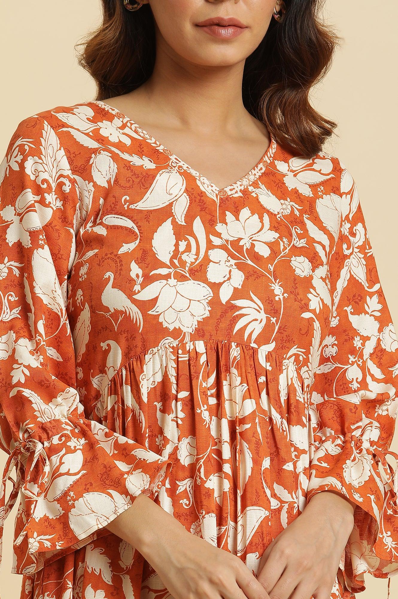Dark Orange Floral Printed Kurta &amp; Pants Co-Ord Set - wforwoman