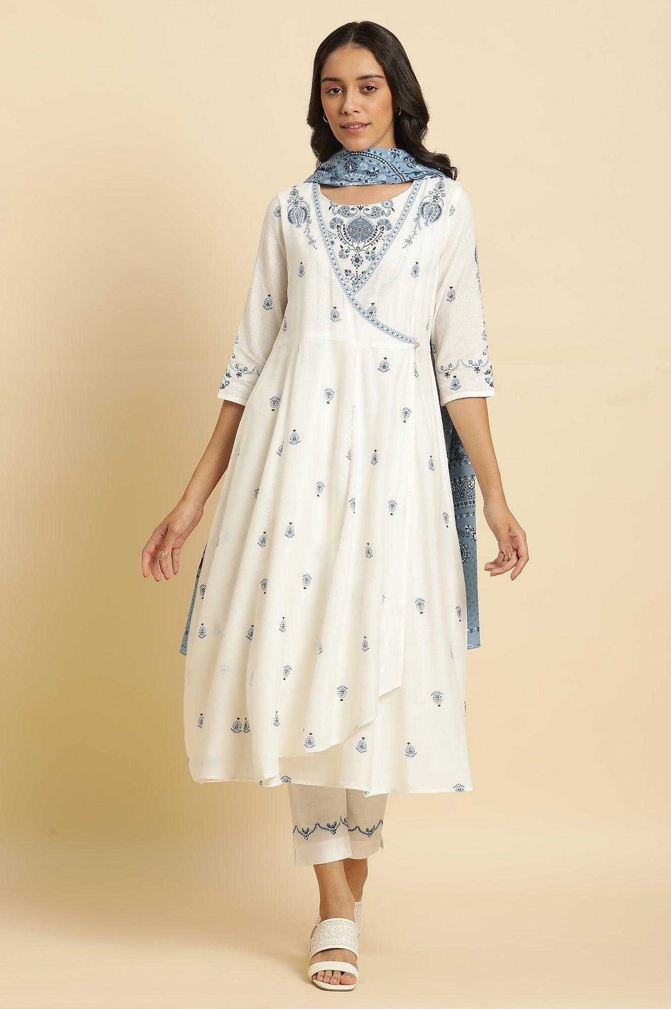 White Panelled Mock Angrakha Kurta, Pants &amp; Dupatta Set - wforwoman