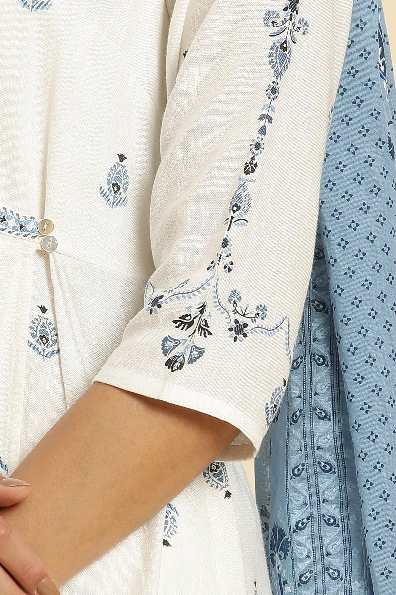 White Panelled Mock Angrakha Kurta, Pants &amp; Dupatta Set - wforwoman