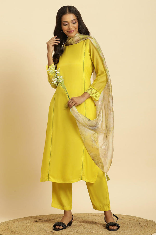Lime Green Lace Kurta Pants and Dupatta Set