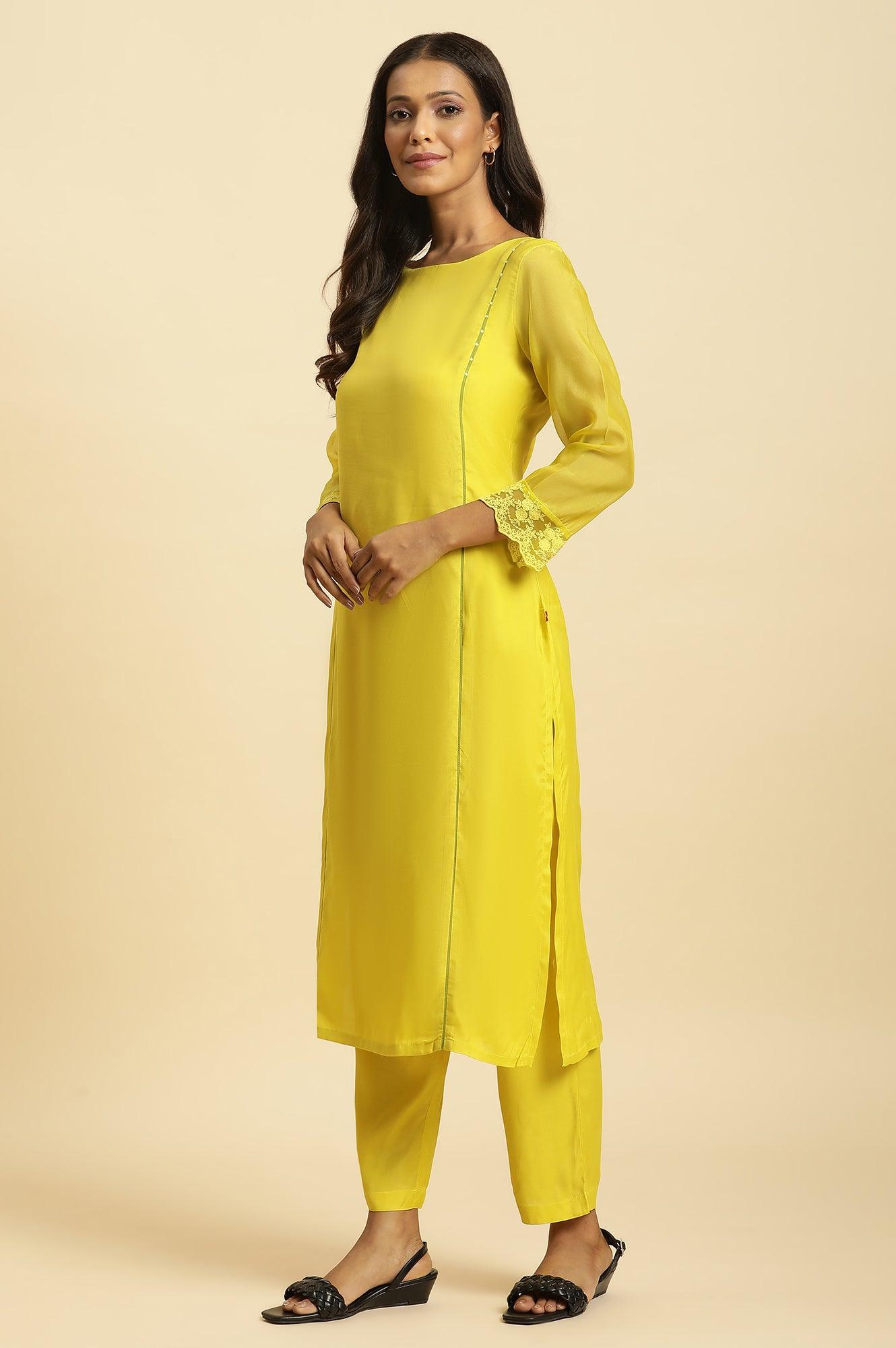 Lime Green Lace Work Kurta, Pants And Dupatta Set - wforwoman