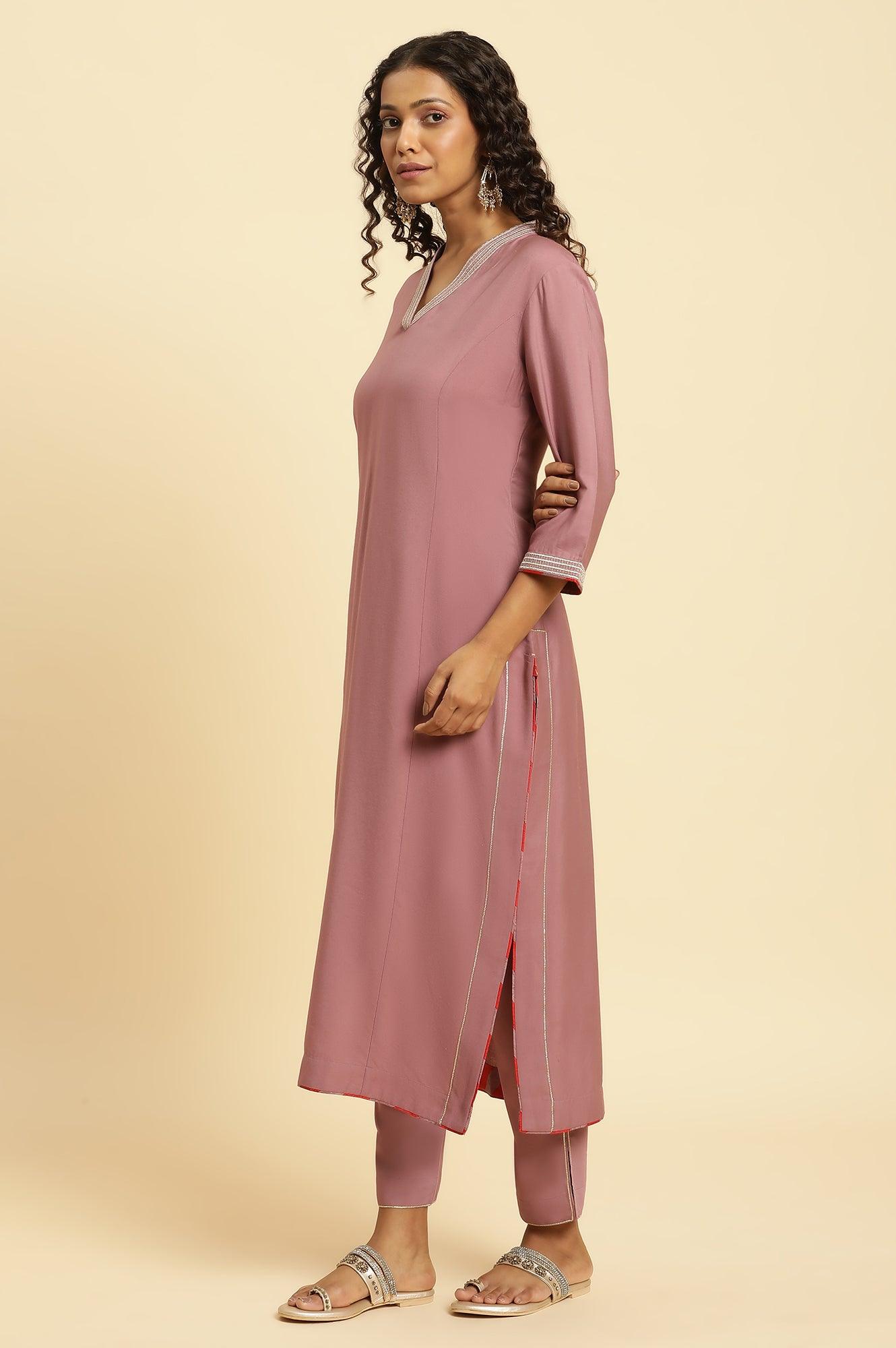 Orchid Pink Embellished Kurta, Pants And Jacquard Dupatta Set - wforwoman