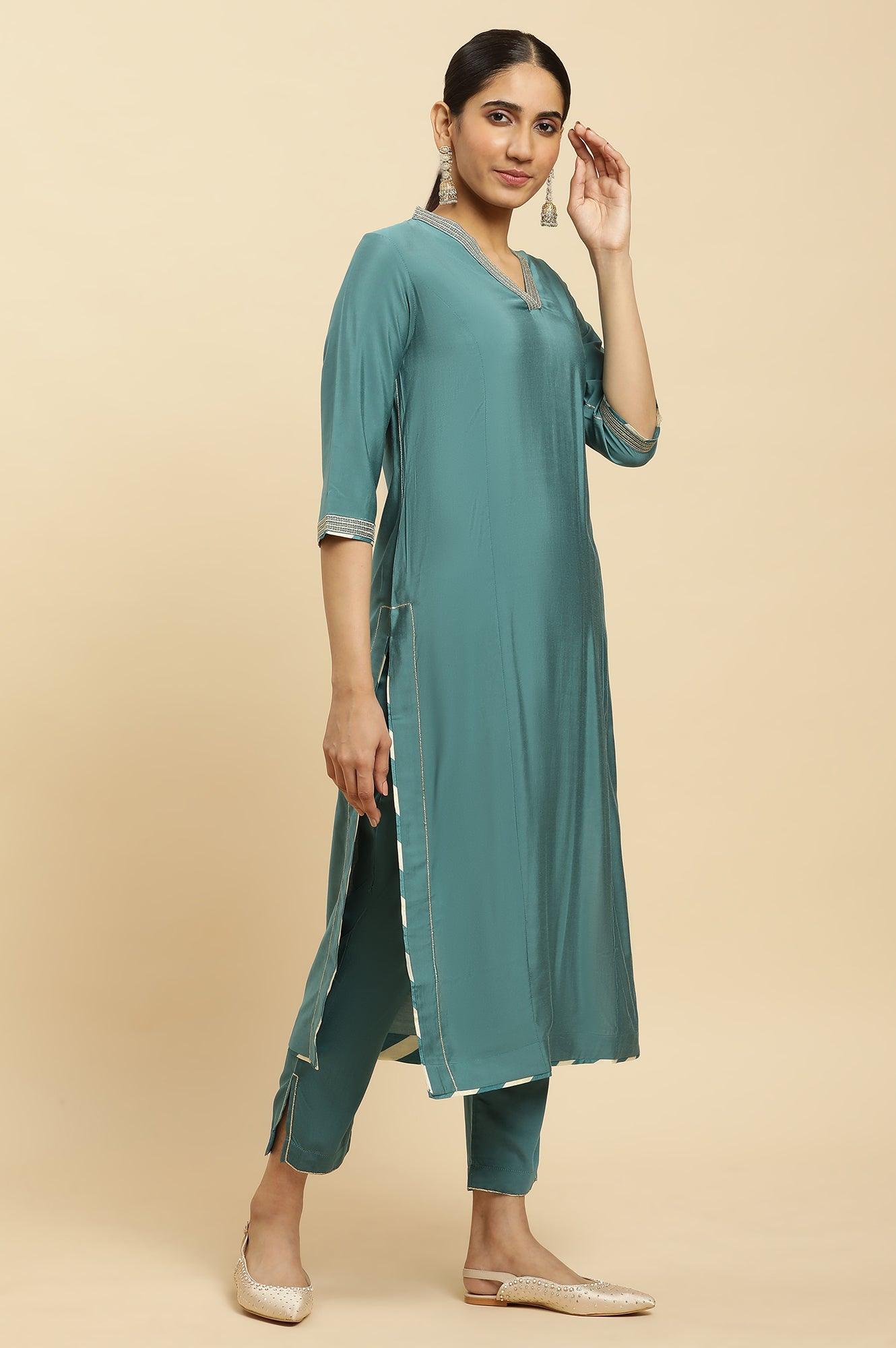 Blue Embellished Kurta, Pants And Jacquard Dupatta Set - wforwoman