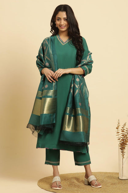 Green Solid Kurta, Pants And Jacquard Dupatta - wforwoman
