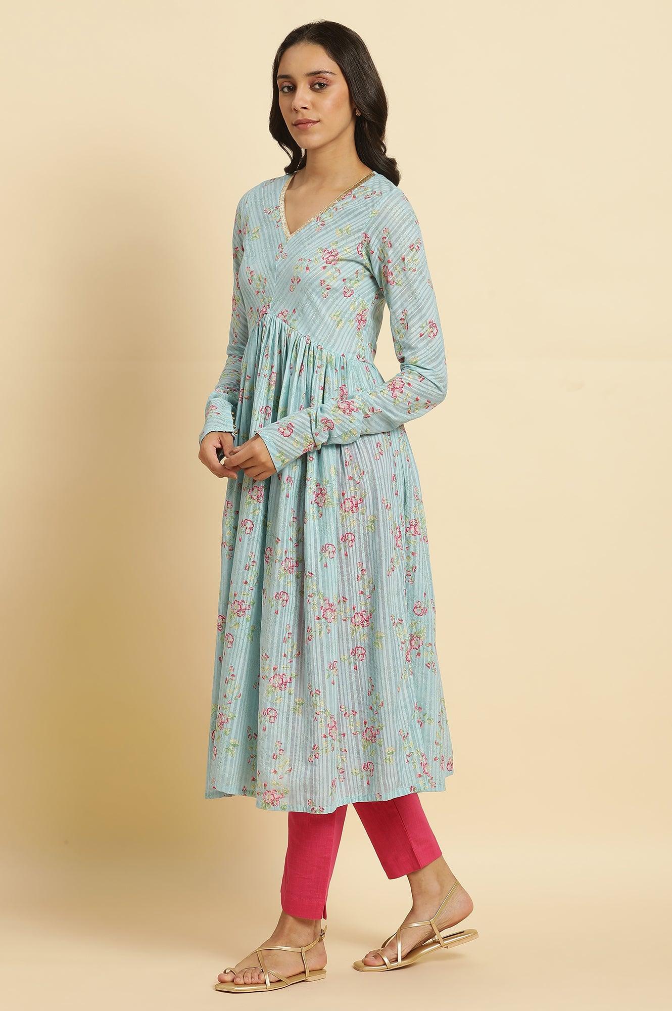 Blue Printed Anarkali Kurta, Pants &amp; Dupatta Set - wforwoman