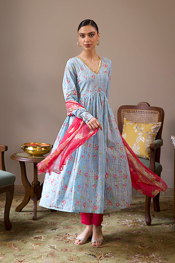 Blue Printed Anarkali Kurta, Pants & Dupatta Set