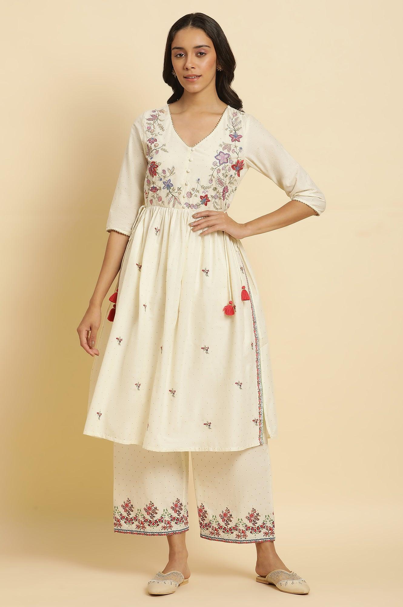 Ecru Printed Kurta &amp; Straight Pants Set - wforwoman