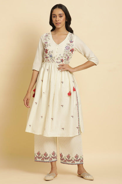 Ecru Printed Kurta &amp; Straight Pants Set - wforwoman