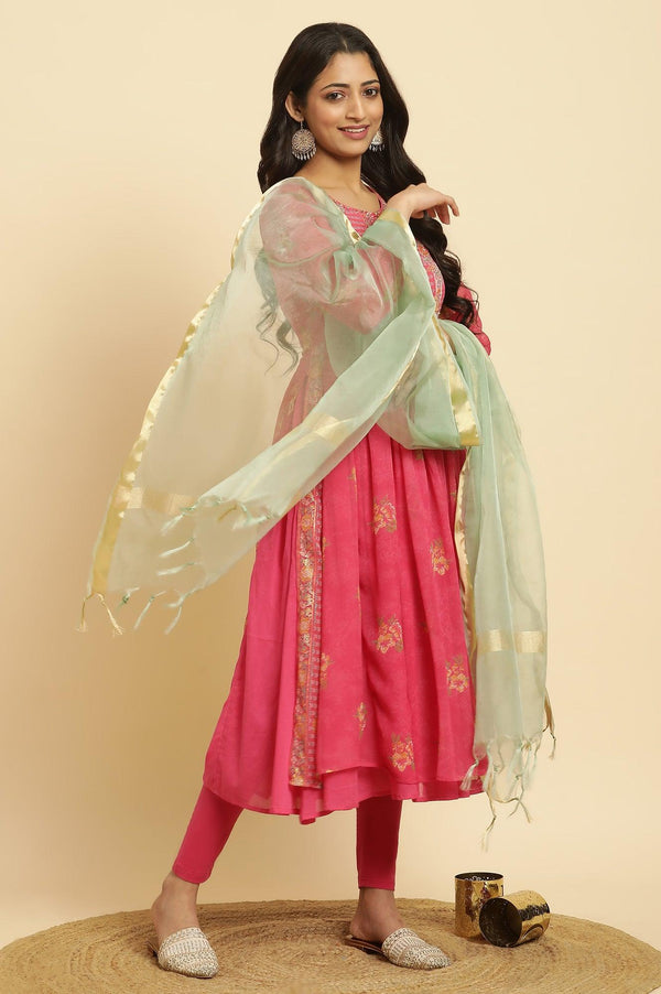 Pink Floral Printed Layered Kurta And Tights And Dupatta Set