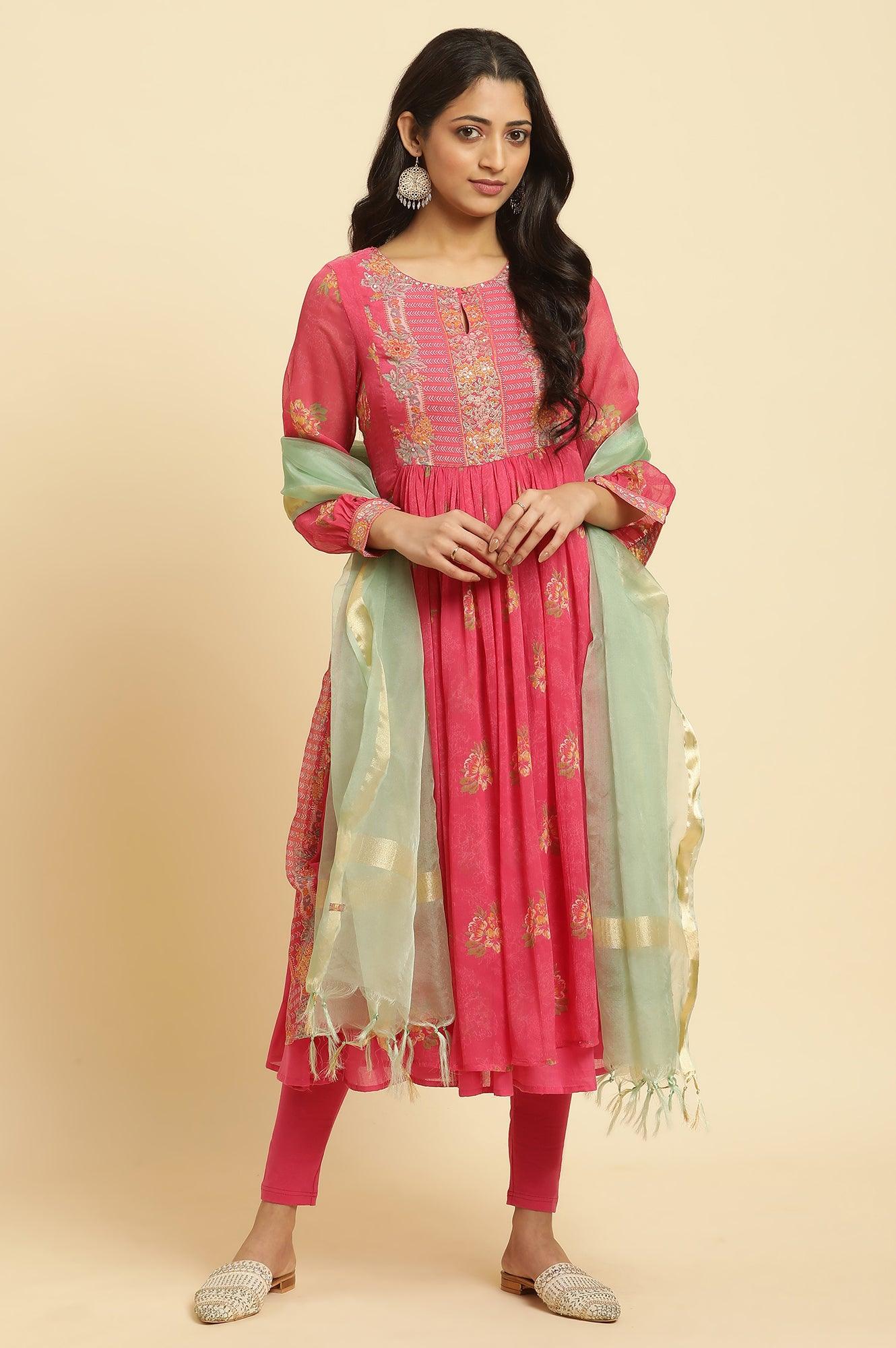 Pink Floral Printed Layered Kurta And Tights And Dupatta Set - wforwoman