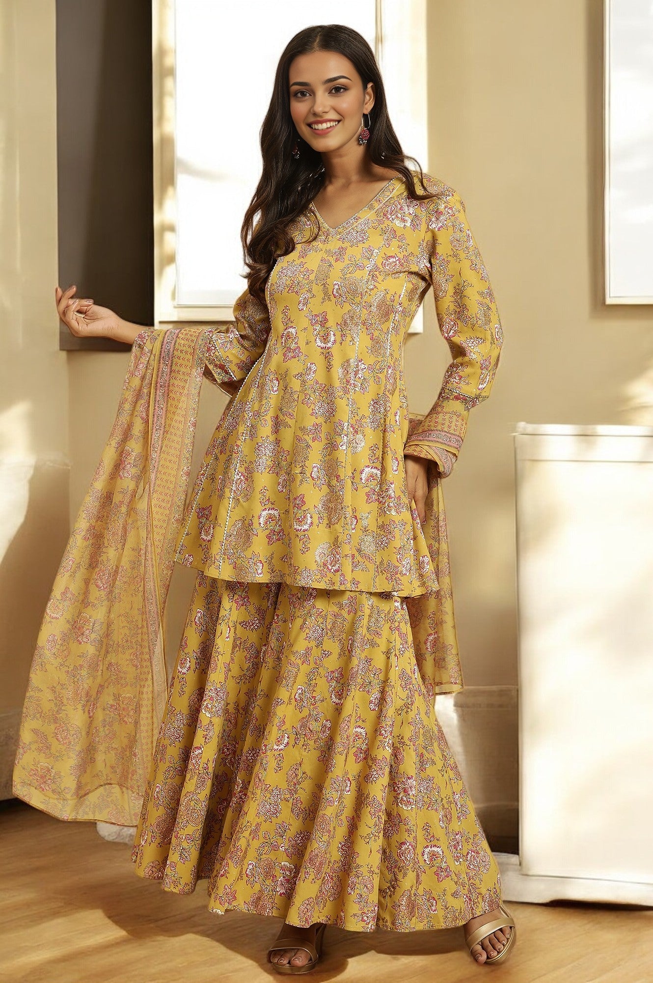 Yellow Floral Printed Short Flared Kurta, Sharara and Dupatta Set