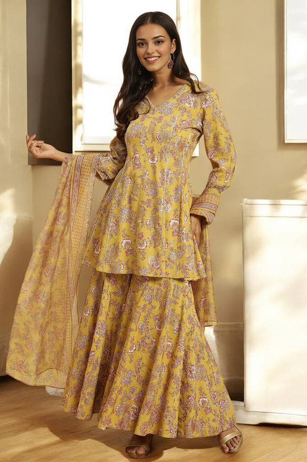 Yellow Floral Printed Short Flared Kurta, Sharara and Dupatta Set