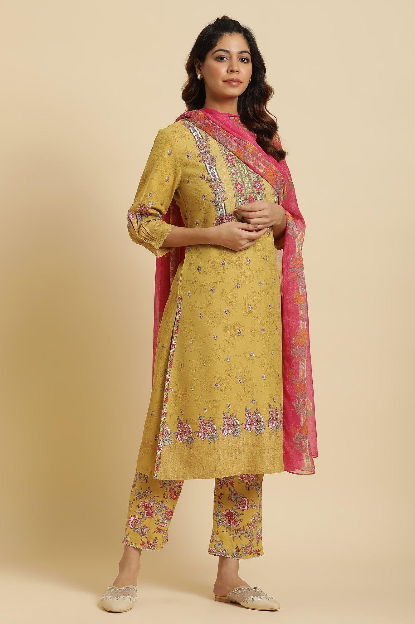 Yellow Floral Printed Kurta, Pants And Pink Dupatta Set - wforwoman