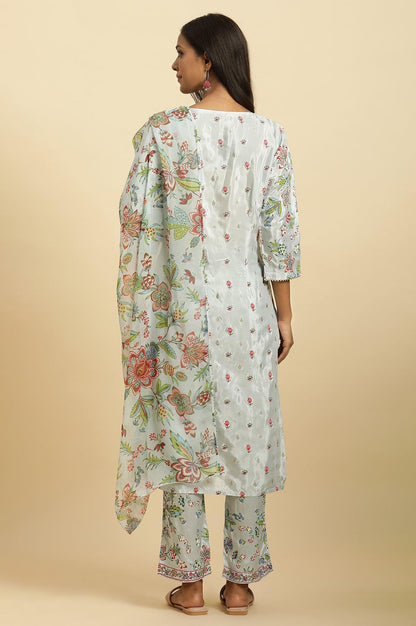 Sky Blue Floral Printed Kurta, Pants And Dupatta Set - wforwoman